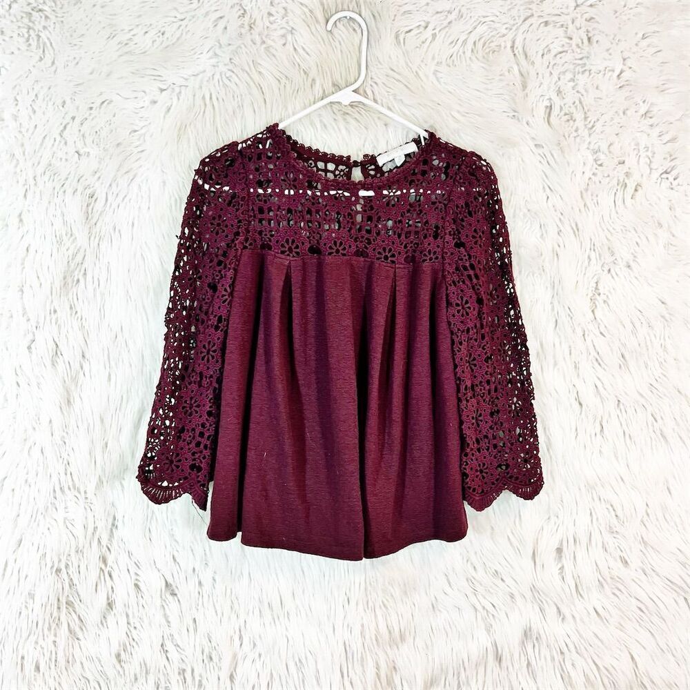 Anthropologie Eri + Ali Women's Purple Blouse S Crochet Lace Yoke
